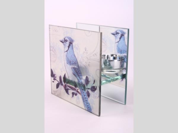 Teelichthalter Glas-Spiegel m Motiv Vogel z Stellen   B12 T6 H12cm