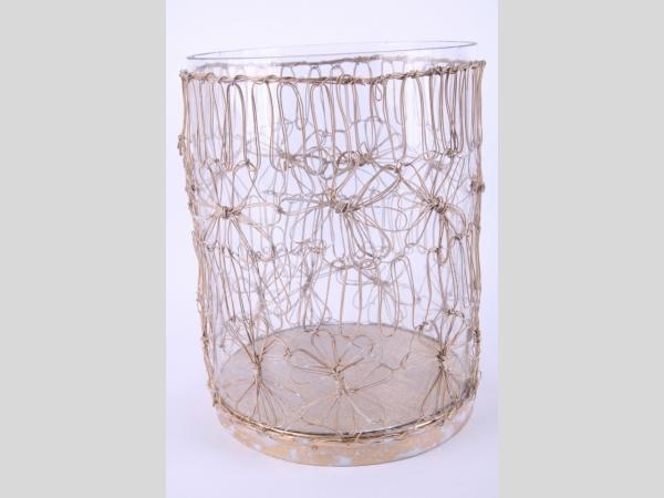 Windlicht Zylinder Glas in Drahtgeflecht filigran Draht Messing whitewashed   D12 H16cm