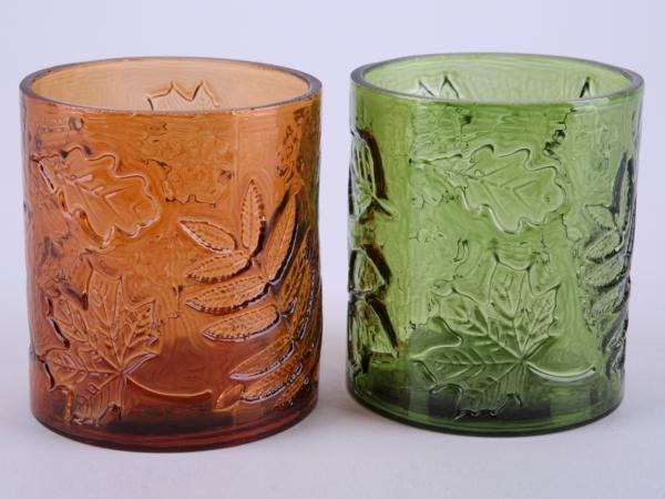 Teelichtglas Blätter 2fb braun-grün sort   D7,5 H9cm