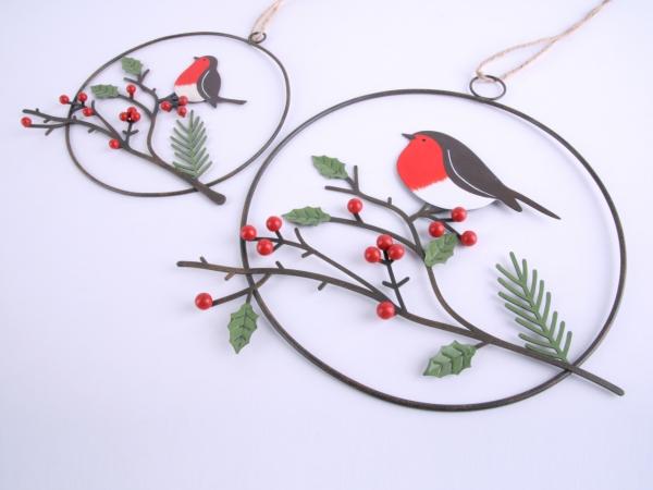 Hänger Drahtkugel flach m Vogel auf Ilexzweig    D18cm