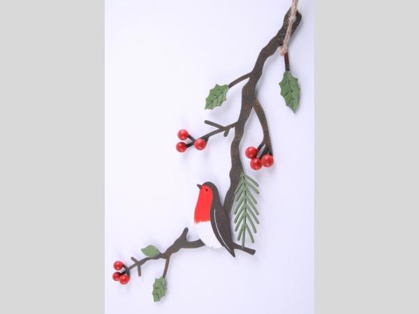 Hänger Zweig Ilex Blech m Vogel    B10 L28cm