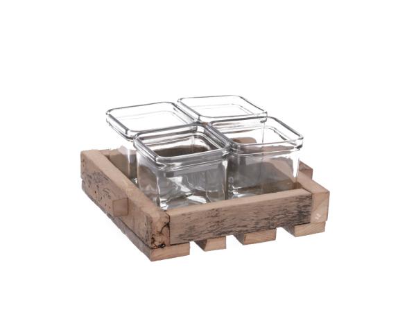 Tablett Holz recyling mit 4 Glas Kasten
!! Aktionsartikel- Kein Umtausch / Rückgabe möglich !! D19 H11 Glas D7,5 H8cm