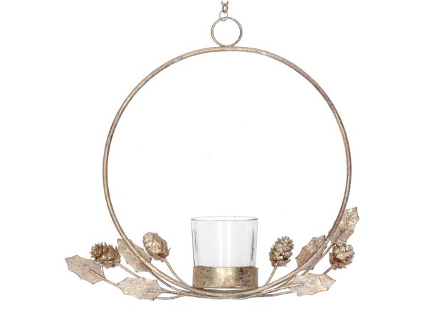 Teelichthalter Ring m Zapfendekor und Teelichtglas z Hängen  D25 T5cm