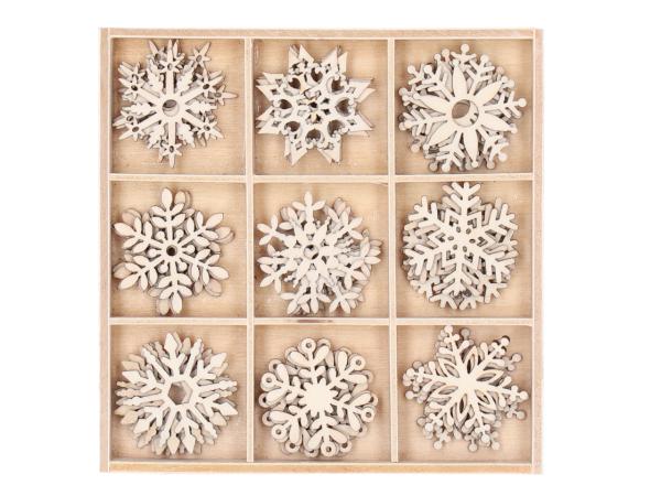 Streusortiment Schneeflocke 9Motive in Holzbox 45St  D4cm Box D10,5 H1,5cm