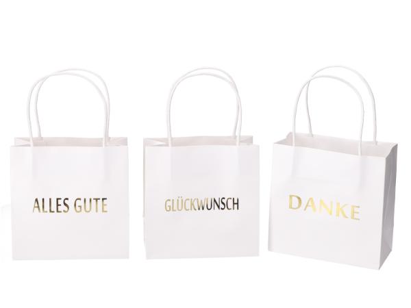 Geschenktüte bedruckt 3 Sprüche "DANKE", "ALLES GUTE", "GLÜCKWUNSCH" sortiert  B16 T8 H16cm