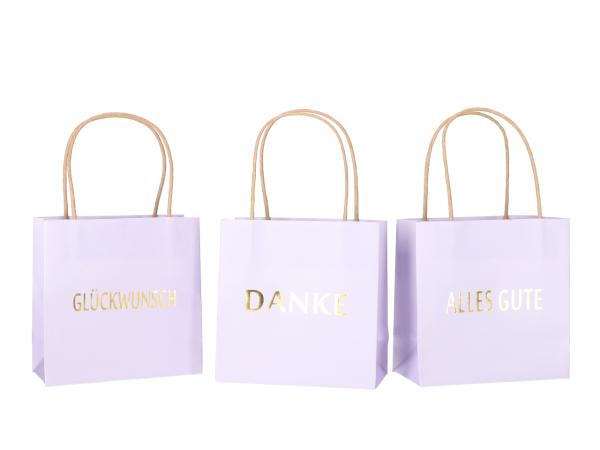 Geschenktüte bedruckt 3 Sprüche "DANKE", "ALLES GUTE", "GLÜCKWUNSCH" sortiert B16 T8 H16cm