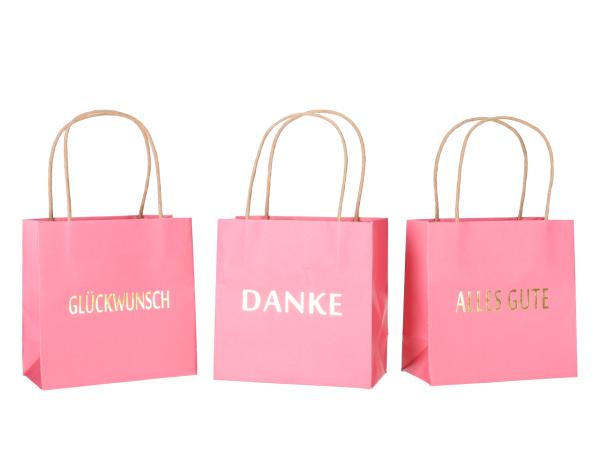Geschenktüte bedruckt 3 Sprüche "DANKE", "ALLES GUTE", "GLÜCKWUNSCH" sortiert B16 T8 H16cm