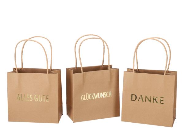 Geschenktüte bedruckt 3 Sprüche "DANKE", "ALLES GUTE", "GLÜCKWUNSCH" sortiert B16 T8 H16cm