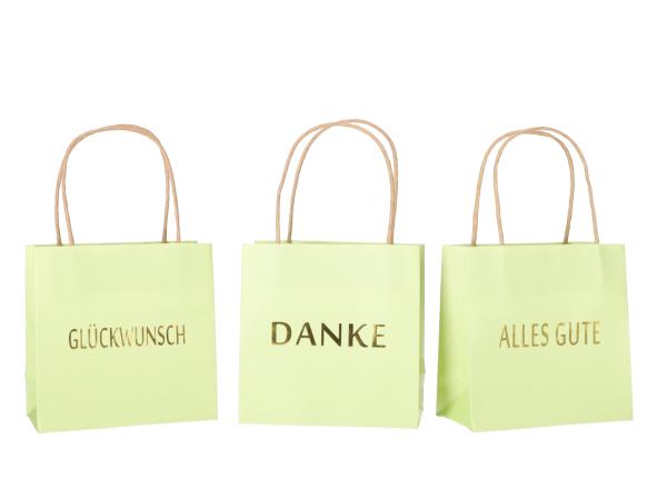 Geschenktüte bedruckt 3 Sprüche "DANKE", "ALLES GUTE", "GLÜCKWUNSCH" sortiert B16 T8 H16cm