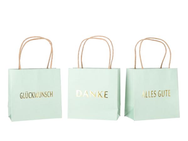 Geschenktüte bedruckt 3 Sprüche "DANKE", "ALLES GUTE", "GLÜCKWUNSCH" sortiert B16 T8 H16cm
