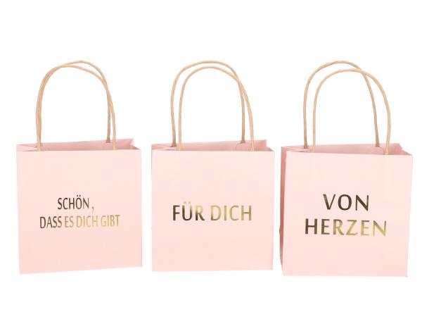 Geschenktüte bedruckt 3 Sprüche "VON HERZEN", "SCHÖN, DASS ES DICH GIBT", "FÜR DICH" sortiert B16 T8 H16cm