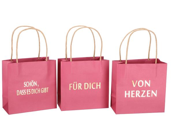 Geschenktüte bedruckt 3 Sprüche "VON HERZEN", "SCHÖN, DASS ES DICH GIBT", "FÜR DICH" sortiert B16 T8 H16cm