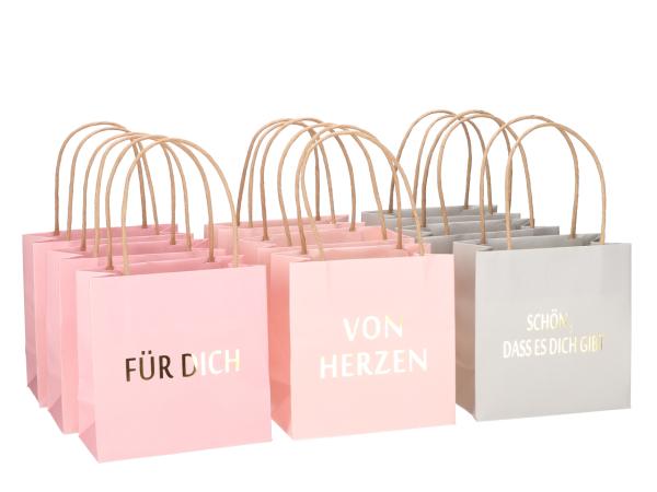 Geschenktüte bedruckt 3 Sprüche "VON HERZEN", "SCHÖN, DASS ES DICH GIBT", "FÜR DICH"  3fb sort pastell B16 T8 H16cm