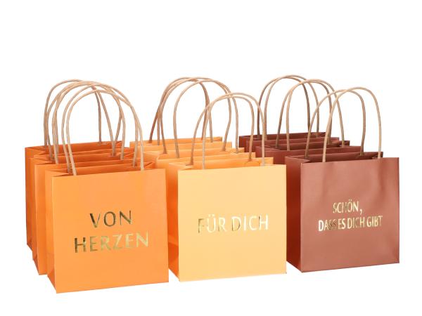 Geschenktüte bedruckt 3 Sprüche "VON HERZEN", "SCHÖN, DASS ES DICH GIBT", "FÜR DICH"  3fb sort apricot-or-braun B16 T8 H16cm