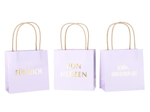 Geschenktüte bedruckt 3 Sprüche "VON HERZEN", "SCHÖN, DASS ES DICH GIBT", "FÜR DICH" sortiert B16 T8 H16cm