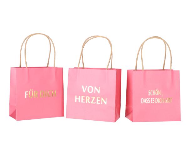Geschenktüte bedruckt 3 Sprüche "VON HERZEN", "SCHÖN, DASS ES DICH GIBT", "FÜR DICH" sortiert B16 T8 H16cm
