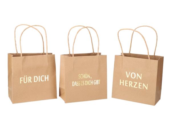 Geschenktüte bedruckt 3 Sprüche "VON HERZEN", "SCHÖN, DASS ES DICH GIBT", "FÜR DICH" sortiert B16 T8 H16cm