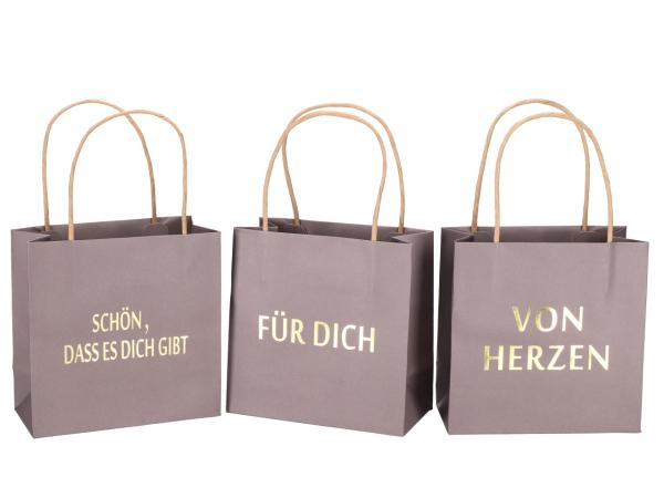 Geschenktüte bedruckt 3 Sprüche "VON HERZEN", "SCHÖN, DASS ES DICH GIBT", "FÜR DICH" sortiert B16 T8 H16cm