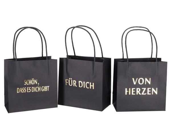 Geschenktüte bedruckt 3 Sprüche "VON HERZEN", "SCHÖN, DASS ES DICH GIBT", "FÜR DICH" sortiert B16 T8 H16cm