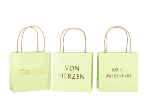 Geschenktüte bedruckt 3 Sprüche "VON HERZEN", "SCHÖN, DASS ES DICH GIBT", "FÜR DICH" sortiert B16 T8 H16cm