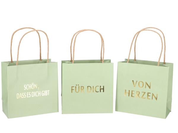 Geschenktüte bedruckt 3 Sprüche "VON HERZEN", "SCHÖN, DASS ES DICH GIBT", "FÜR DICH" sortiert B16 T8 H16cm