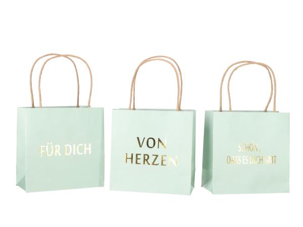 Geschenktüte bedruckt 3 Sprüche "VON HERZEN", "SCHÖN, DASS ES DICH GIBT", "FÜR DICH" sortiert B16 T8 H16cm