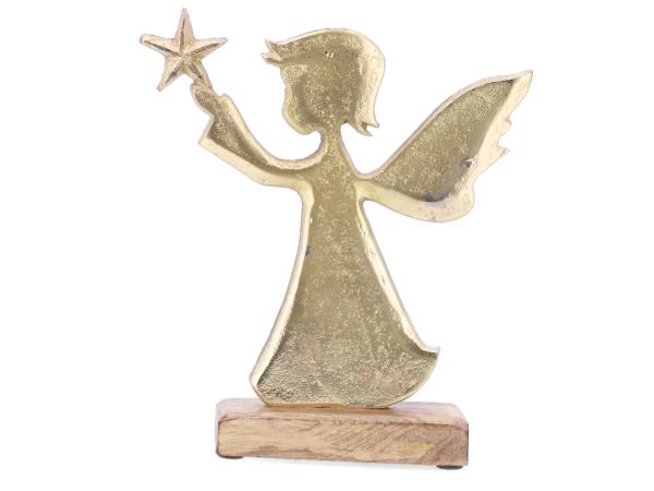Engel mit Stern Alu auf Holzsockel   H20 B17 T5cm