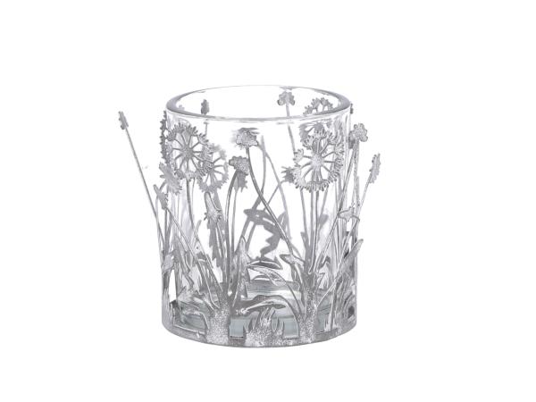 Teelichthalter Metall Wiesenmotiv m Glas D9 H10cm
