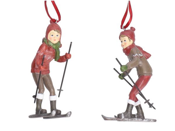 Skifahrer Mädchen/Junge 2MOd z Stellen/Hängen Polyresin/Metall  B5 L7 H12cm