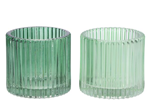 Teelichtglas Rille 2FB grün sortiert dickwandig  D9,5 H8,8cm