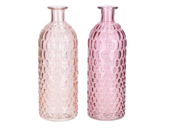 Tischvase Flasche Glas strukur 2fb melone-rosa gemischt  D7 H20cm