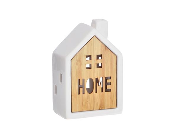 Haus Porzellan/Holz Home LED beleuchtet  (Knopfzellen 2xLR44)  B9,2 T5,6 H14cm