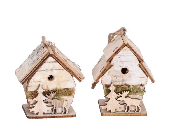 Häuschen Holz 2Mod m Rentier/Tanne z Stellen/Hängen  D6 T4 H7 L16cm