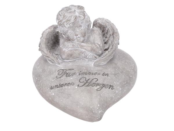 Herz m Engel Spruch "Für immer in unseren Herzen" Polyresin Betonfinish D15 H13cm