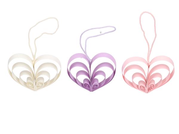 Herz Papier filigran z Hängen 3Fb wollweiss-rosa-lavendel sort D8cm