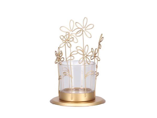 Teelichthalter m Glas Blüten Draht filigran D8 H11cm