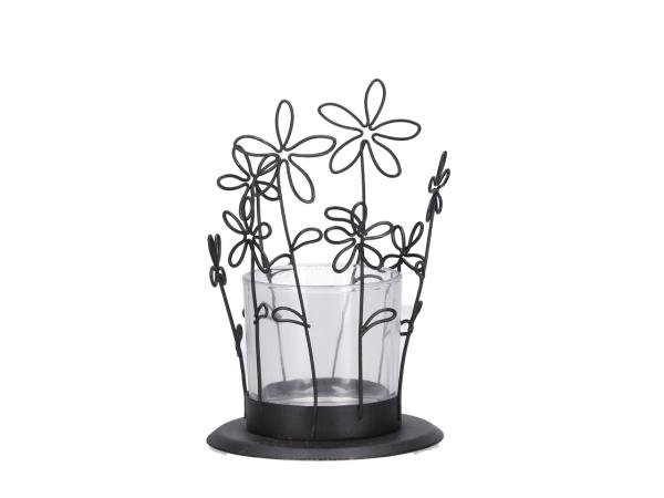 Teelichthalter m Glas Blüten Draht filigran D8 H11cm