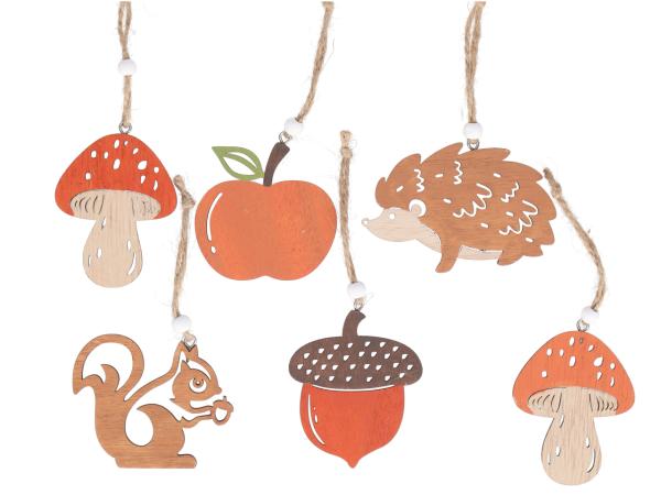 Hängersortiment Herbst Holz (Pilz, Eichel, Igel, Eichhörnchen, Apfel) B5-8 H6-7cm