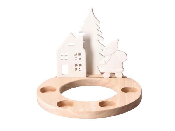 Teelichthalter x4 Ring Holz m Porzellan Deko x3 D23,58 H18cm