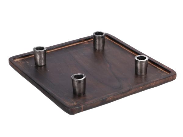 Tablett Mangoholz quadratisch Kerzenhalter Alu antik X4 f Stabkerzen D30 H6cm