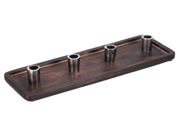 Tablett Mangoholz rechteckig Kerzenhalter Alu antik x4 f Stabkerzen L45,5 T14 H6,5cm