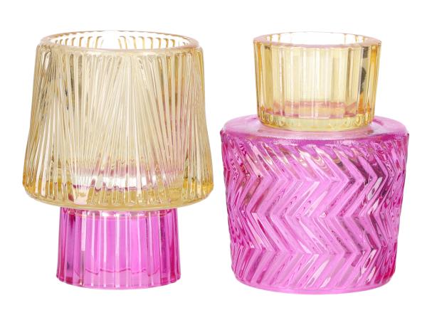 Kerzen/Teelichthalter Glas 2Mod 2tone pink/gelb D8,1 H10,5cm
