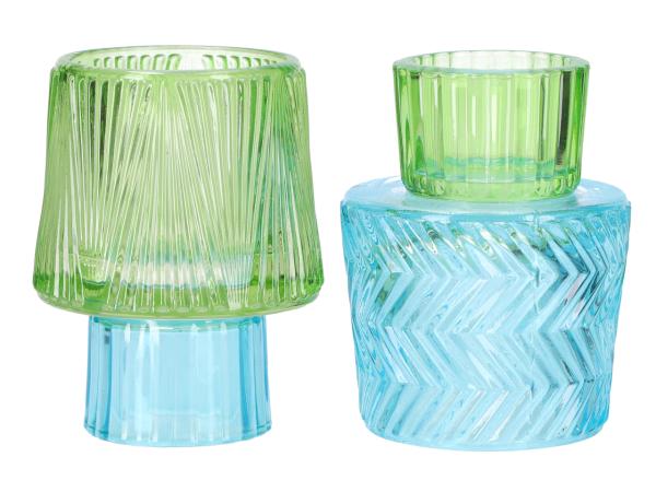 Kerzen/Teelichthalter Glas 2Mod 2tone grün/blau D8,1 H10,5cm