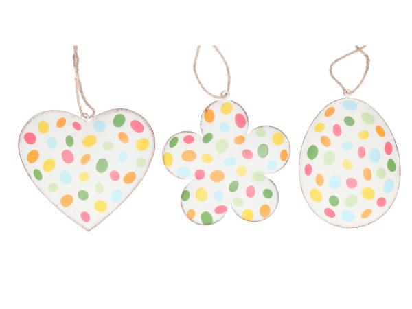 Hänger Blech 3Mod (Ei/Herz/Blüte) bunte Eier D8-11cm