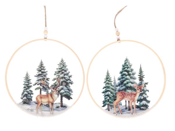 Hänger Loop Holz/Metall Druckmotiv Winterlandschaft Hirsch/Reh B20  H20cm