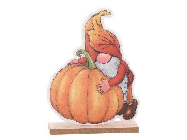 Herbstwichtel Kürbis Filz Druckmotiv beidseitig a Holzsockel B14 T5 H20cm