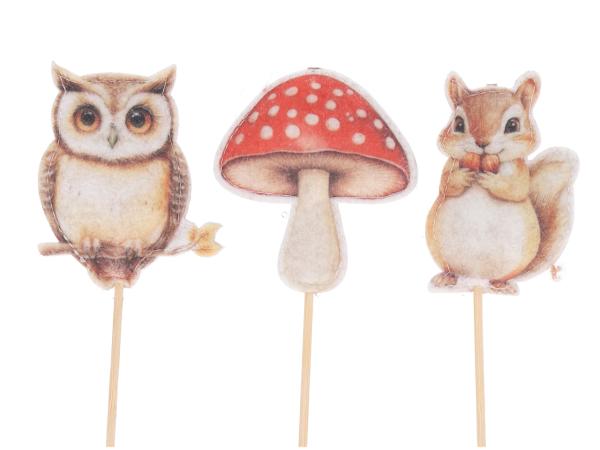 Steckersortiment Filz Herbst Druckmotiv beidseitig 3Mod Eichhörnchen/Eule/Pilz B6,5 H8 L25cm