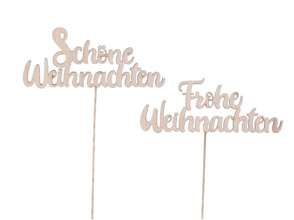 Stecker Spruch Holz 2Mod Schöne Weihnachten - Frohe Weihnachten a Draht B10 Stab22cm