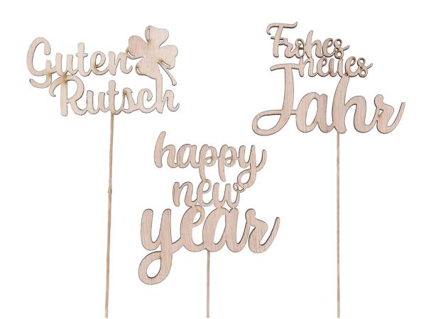 Stecker Spruch Holz 3Mod Frohes neues Jahr - Guten Rutsch - Happy New Year a Draht 