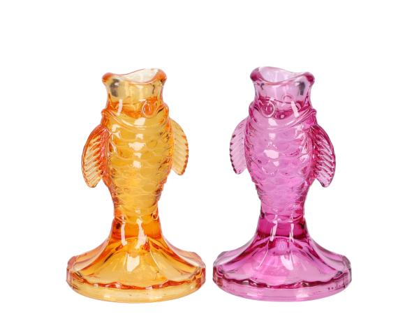 Kerzenhalter Stabkerze Fisch Glas 2 Fb sort pink-orange D8 H12cm